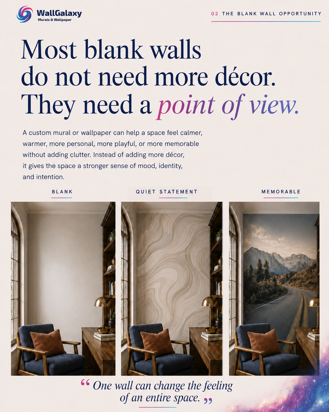 Same room shown with a blank wall, a quiet full-wall wallpaper, and a dramatic custom mural