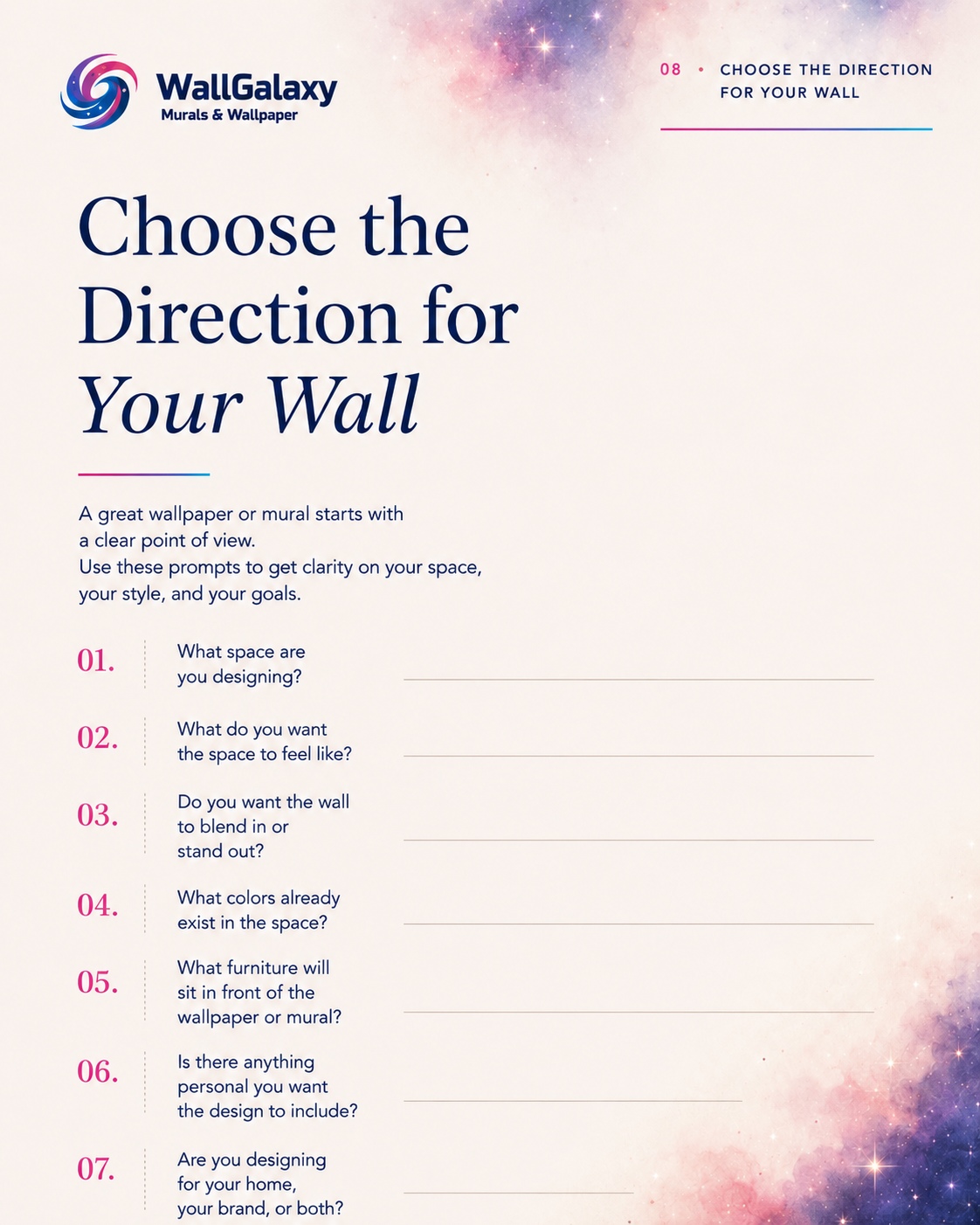 Choose the direction for your wall worksheet from the WallGalaxy guide